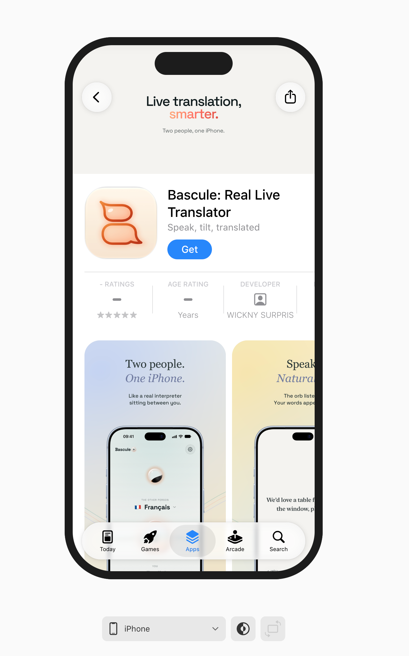 Bascule on iPhone, showing its App Store preview and translation screenshots.